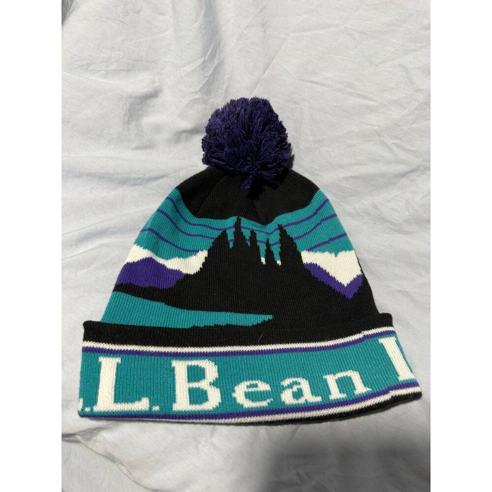 L.L.Bean Vintage Pom Beanie Teal Purple Black Mountain Knit Winter Hat - Picture 2 of 8